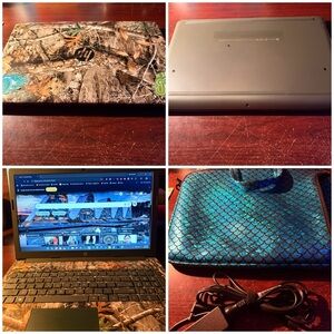HP 15.6" laptop with Camouflage Lid and Teal Mermaid-Scale Sleeve